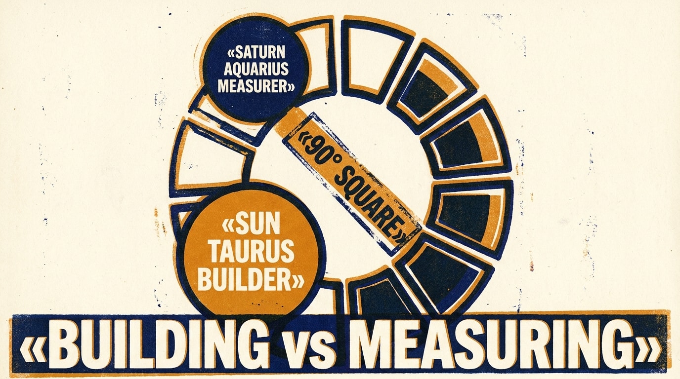 A bold risograph zine print on cream paper in strict navy-amber-cream palette with heavy grain and visibly off-register colour layers, showing a chunky geometric chart-wheel: solid amber Sun disc labelled 'SUN / TAURUS / BUILDER' in the lower-left segment, navy Saturn disc with amber outline labelled 'SATURN / AQUARIUS / MEASURER' in the upper-left segment, a thick amber bar slashing between them stamped '90° SQUARE', oversized cream caps headline 'BUILDING vs MEASURING' across the bottom