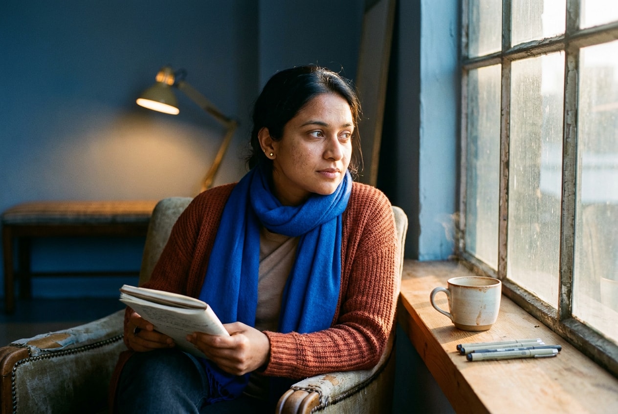 A man of mixed heritage in his mid-forties in a casual jacket sits alone in a corner booth of a quiet London pub on a weekday afternoon, by a tall sash window, a half-finished pint of pale ale and a folded paper menu in front of him, half-reading and half-looking out the window in soft golden afternoon light