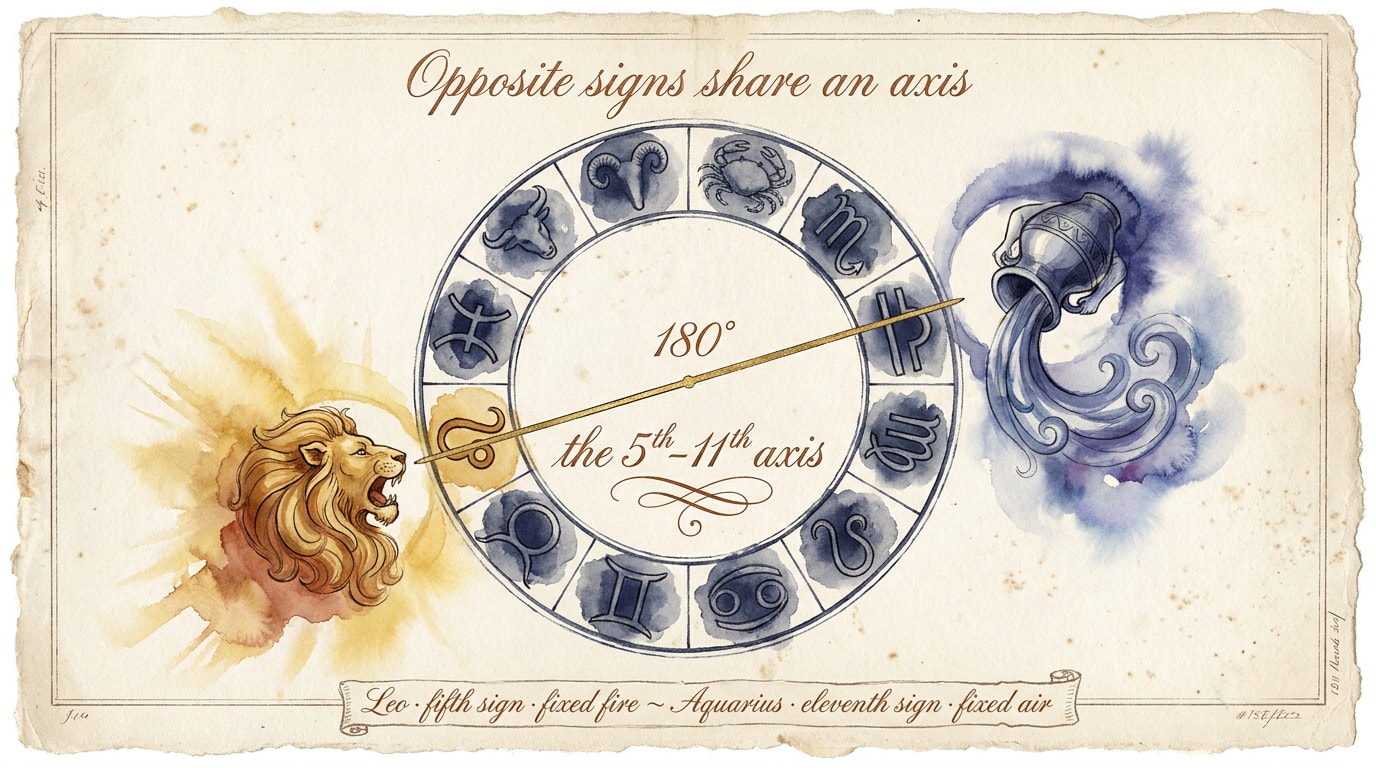 An Audubon-style botanical-celestial watercolour plate on aged cream paper showing a hand-painted zodiac wheel of twelve botanical cartouches, with Leo and Aquarius enlarged on opposite sides, a slender inked gold line traversing the wheel between them lettered "180°" in copperplate, and a copperplate flourish reading "the 5th–11th axis"
