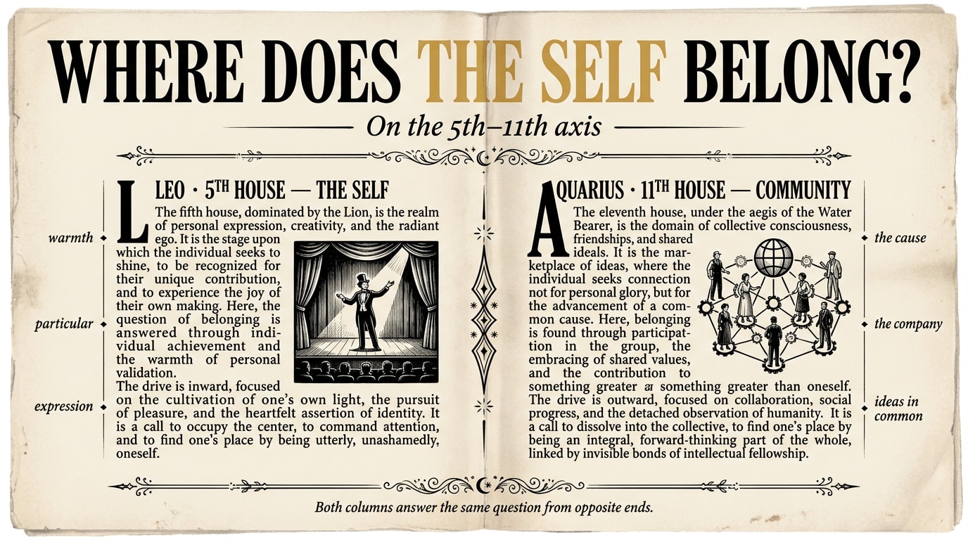 A vintage 1920s-style broadsheet newspaper spread on warm cream paper with an oversized Didone headline "WHERE DOES THE SELF BELONG?" in black ink with the words "THE SELF" set in amber, split into two equal columns by an ornate diamond-ornament rule: the left column headed "LEO · 5TH HOUSE — THE SELF" with a drop-cap and a small woodcut vignette of one figure on a stage; the right column headed "AQUARIUS · 11TH HOUSE — COMMUNITY" with a drop-cap and a woodcut vignette of several figures linked into a loose lattice
