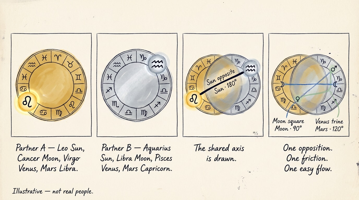 A four-panel hand-drawn op-ed comic strip in loose ink and watercolour wash on warm cream paper: panel 1 a gold-washed zodiac wheel labelled Partner A with Leo enlarged; panel 2 a silver-blue-washed wheel labelled Partner B with Aquarius enlarged; panel 3 the two wheels overlapping with a single inked line marked "Sun opposite Sun · 180°"; panel 4 the same overlap with two further lines added marked "Moon square Moon · 90°" and "Venus trine Mars · 120°", each panel captioned in handwritten cursive