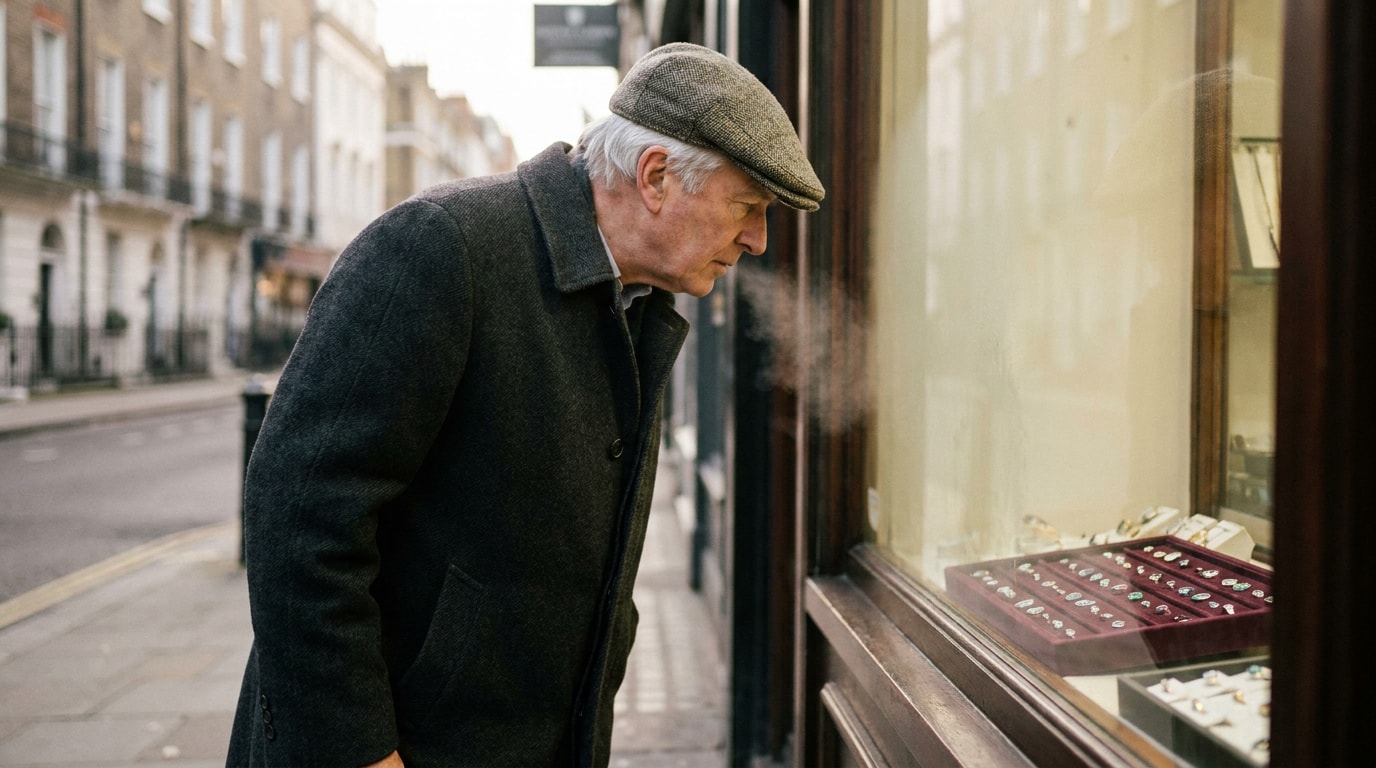 A 71-year-old white British man in a flat cap and wool coat, morning light in Hatton Garden, leaning forward to study a small jeweller's tray of gemstones through a shopfront window, his breath barely visible on the glass, hands loose at his sides, the careful attention of someone who has chosen many small important things in his life, in the spirit of a Sunday Times Magazine photograph