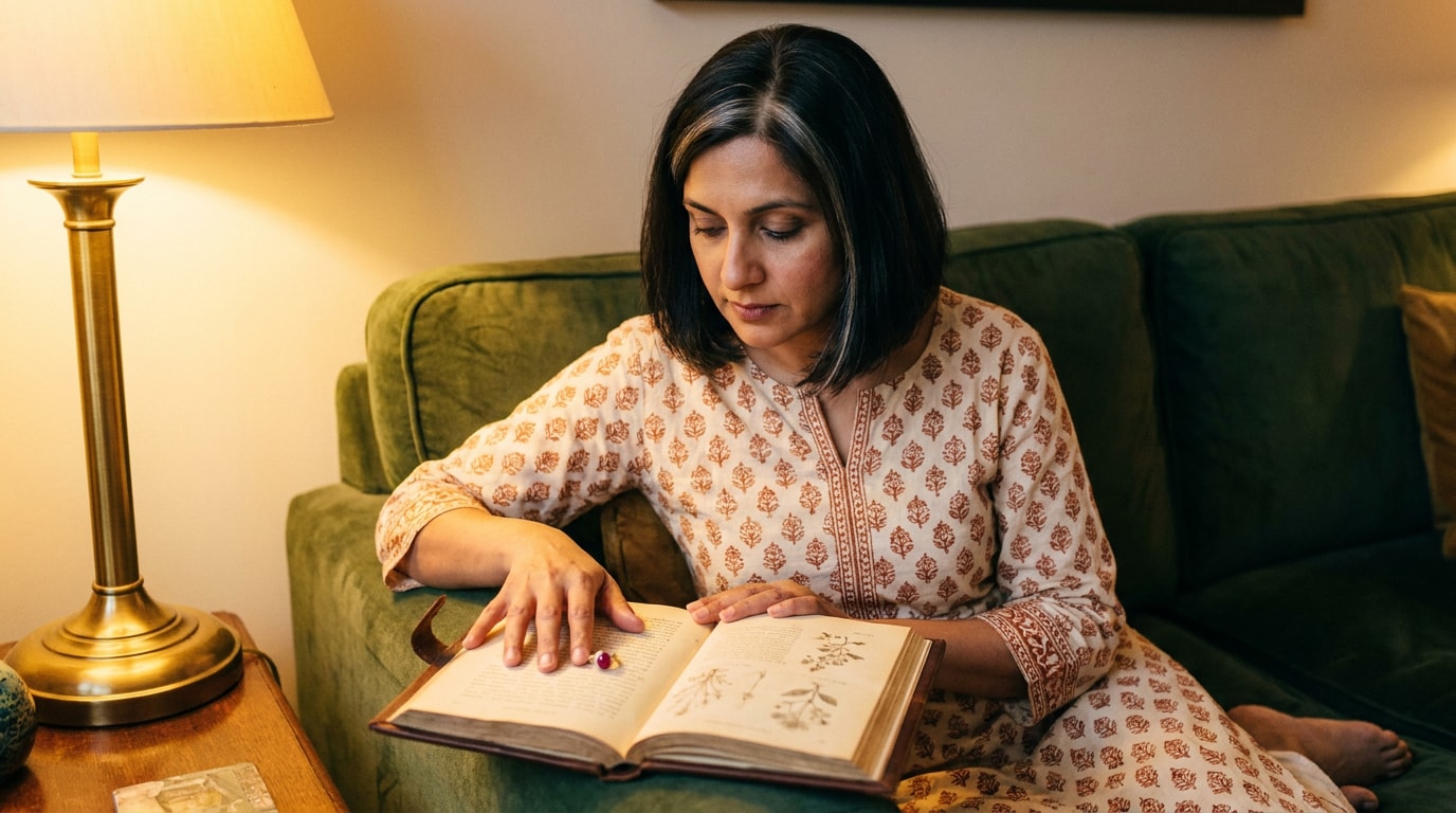 A 41-year-old British Indian woman sitting on a living-room sofa in evening lamplight, wearing a soft cotton kurta, a small ruby ring resting on an open hardback book on her lap (the book has the feel of an old herbal — cream pages, brown leather spine), her hand near the ring but not yet picking it up, looking down at it with quiet thought rather than admiration, the moment before deciding what something means to you, in the spirit of an Aeon essay opener