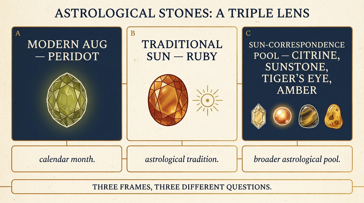 A bento-grid editorial infographic on a warm cream background, six mosaic panels of varied sizes packed together; three larger labelled panels stacked across the top read «Modern Aug — peridot» (deep warm-navy panel with a small olive-green peridot stone illustration in cream pen-line), «Traditional Sun — ruby» (cream panel with a single warm-amber ruby illustration and a thin gold sun glyph) and «Sun-correspondence pool — citrine, sunstone, tiger's eye, amber» (warm-navy panel with four tiny stone glyphs in cream pen-line); three smaller foot-panels carry one-line clarifications «calendar month», «astrological tradition», «broader astrological pool»; thin amber connecting rules between panels; a small caption strip at the foot reads «Three frames, three different questions.»
