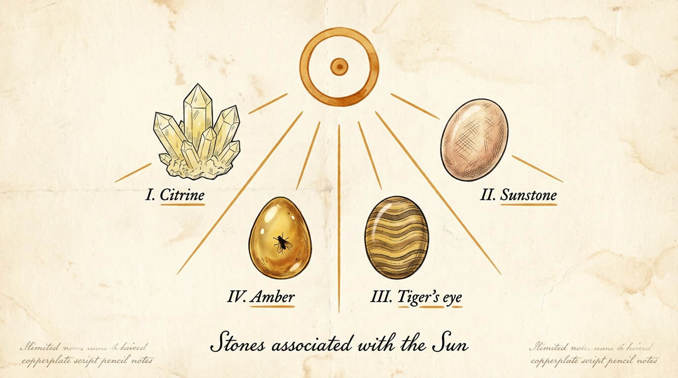 A vintage scientific diagram engraved on aged ivory cream paper with subtle grain, in the spirit of a 1950s Scientific American or Audubon mineralogical plate, central Sun glyph (clean circle with centre dot) rendered in warm amber pen-line at the top, four stones drawn in fine black ink line-work radiating from the Sun on amber leader-lines, each labelled in Roman numerals — I. Citrine (yellow quartz crystal), II. Sunstone (oval feldspar with shimmer hatching), III. Tiger's eye (banded cabochon), IV. Amber (rounded resin drop with a tiny insect inclusion suggested) — handwritten serif labels in black ink, the Roman numerals underlined in single warm-amber pencil strokes, faint pencil margin notes in the corner, a handwritten title strip at the foot reads «Stones associated with the Sun»