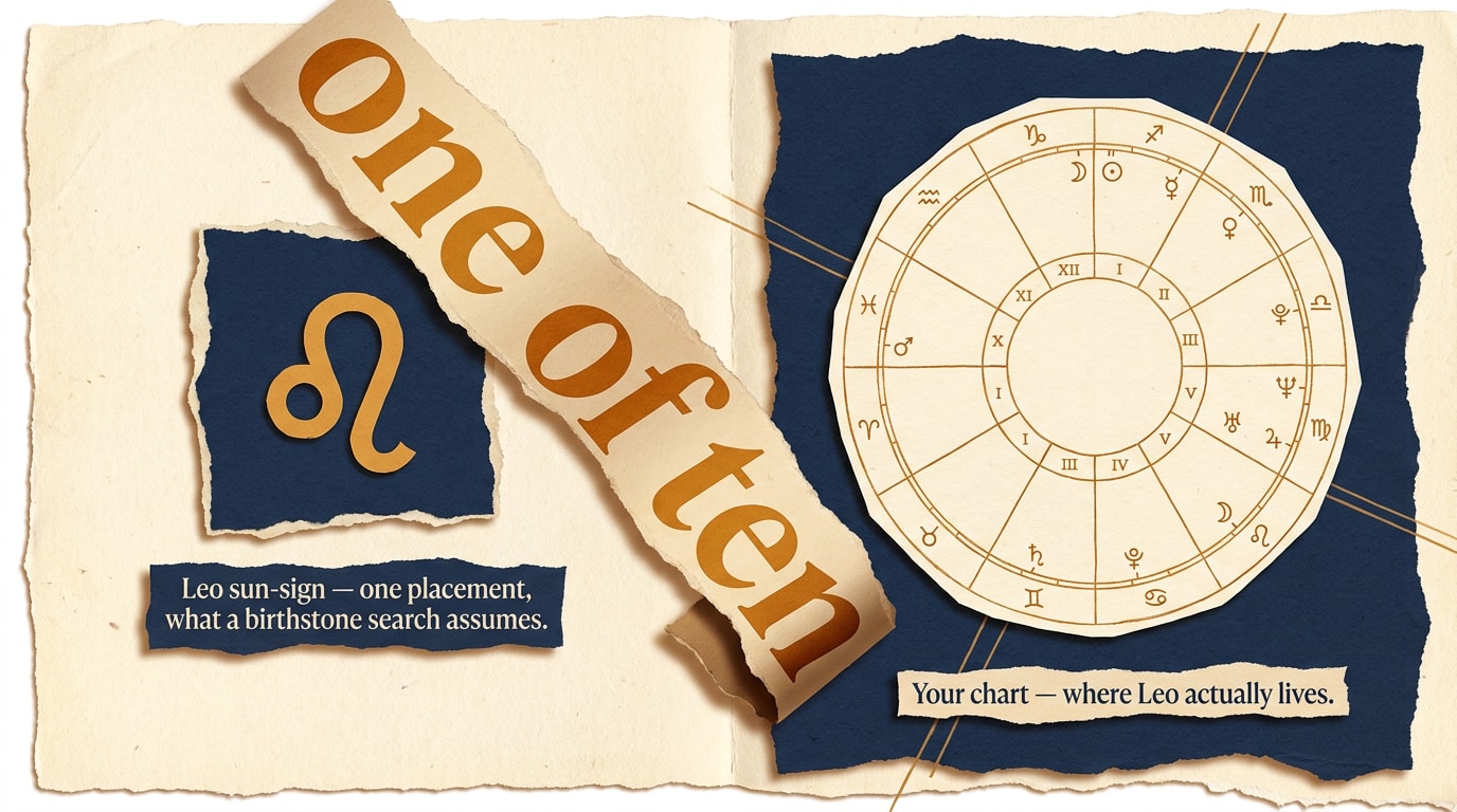 An editorial collage in the spirit of a New Yorker or FT Weekend Magazine cover, built from layered torn-paper shapes with visible rough edges and soft drop-shadows beneath each piece, split into two halves by an oversized italic serif quote ribbon set diagonally across the seam reading «one of ten»; on the left, a small warm-amber Leo lion glyph cut from cream paper on a torn warm-navy panel labelled «Leo sun-sign — one placement, what a birthstone search assumes»; on the right, a full cream-paper birth-chart wheel in fine warm-amber pen-line with twelve house divisions marked and ten tiny planetary glyphs scattered around it at different positions, mounted on a torn warm-navy panel and crossed by two thin amber rule-lines at angles, labelled «Your chart — where Leo actually lives»