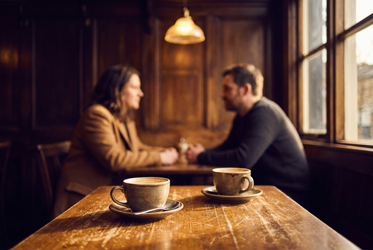 Two coffee cups on a cafe table with two figures in soft conversation behind, warm afternoon light