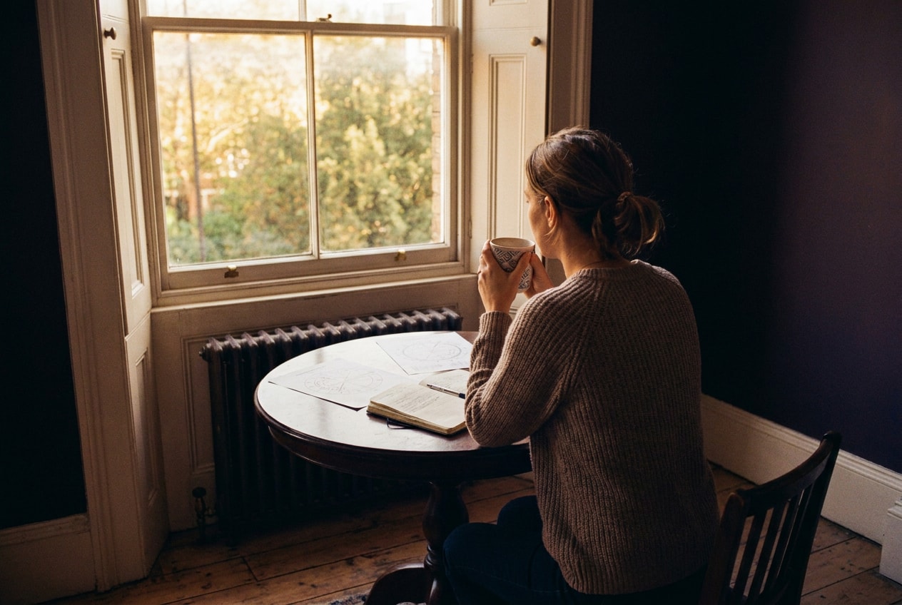 Rear view of one person at a sash window in evening light, mug in hand