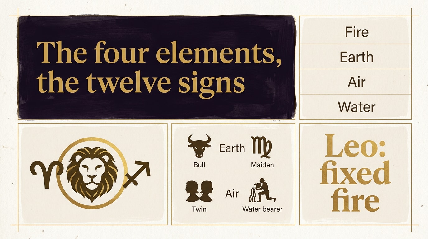 Bento-grid mosaic of five panels: navy headline panel, cream label column and three glyph panels mapping the four elements with Leo highlighted in amber