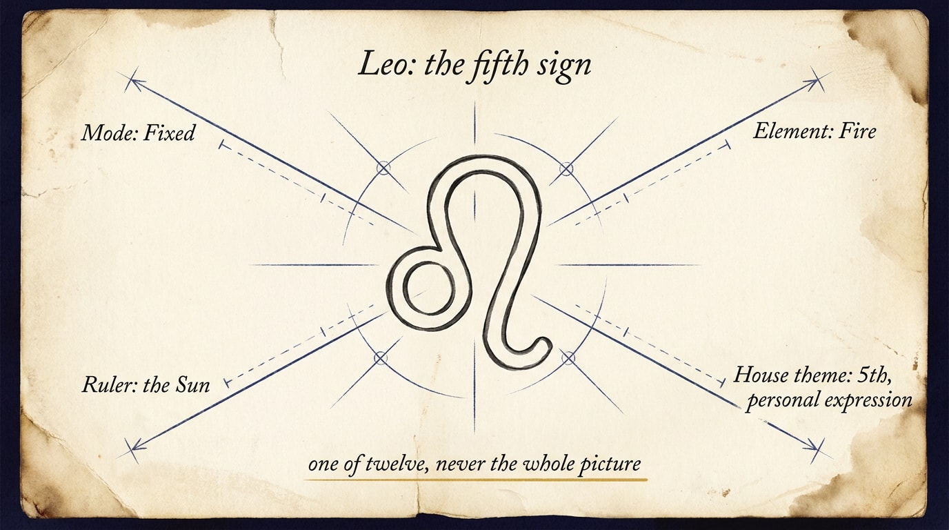 Hand-sketched architectural blueprint on aged ivory paper: Leo glyph at centre with pencil construction lines radiating to four handwritten annotations for mode, element, ruler and house theme
