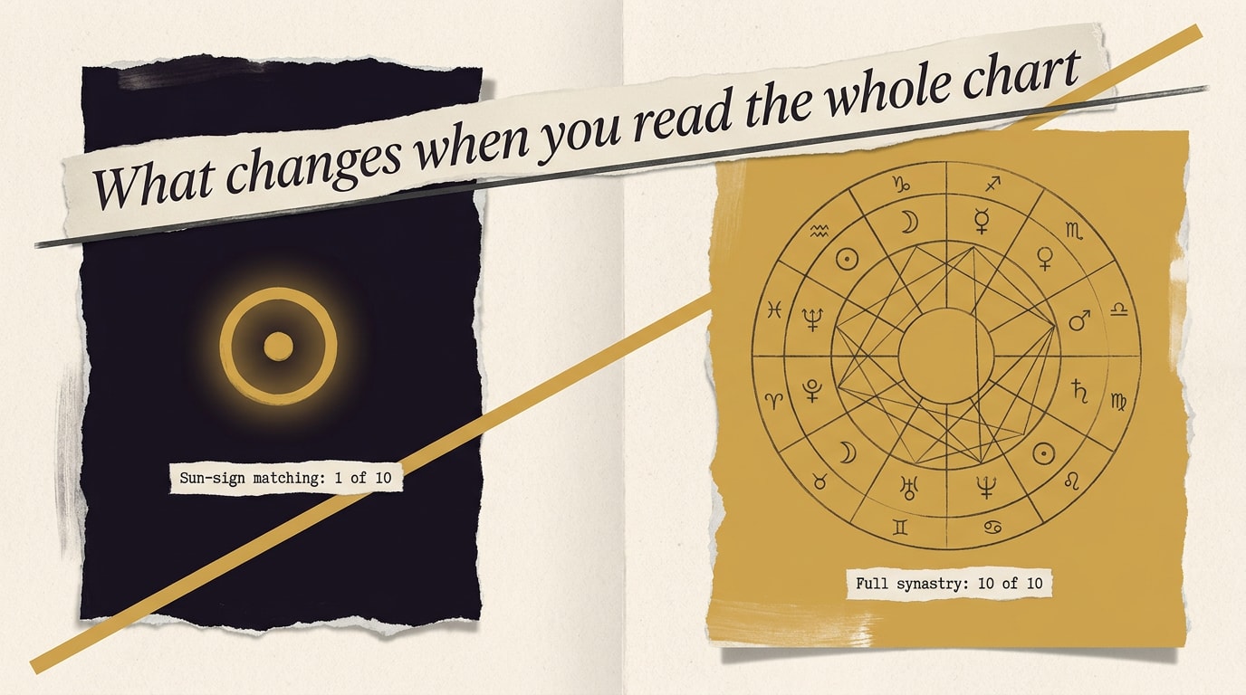 Editorial torn-paper collage: navy panel with amber Sun glyph labelled "1/10" on the left, amber panel with thin-line natal chart wheel labelled "10/10" on the right, italic serif headline ribbon across the top