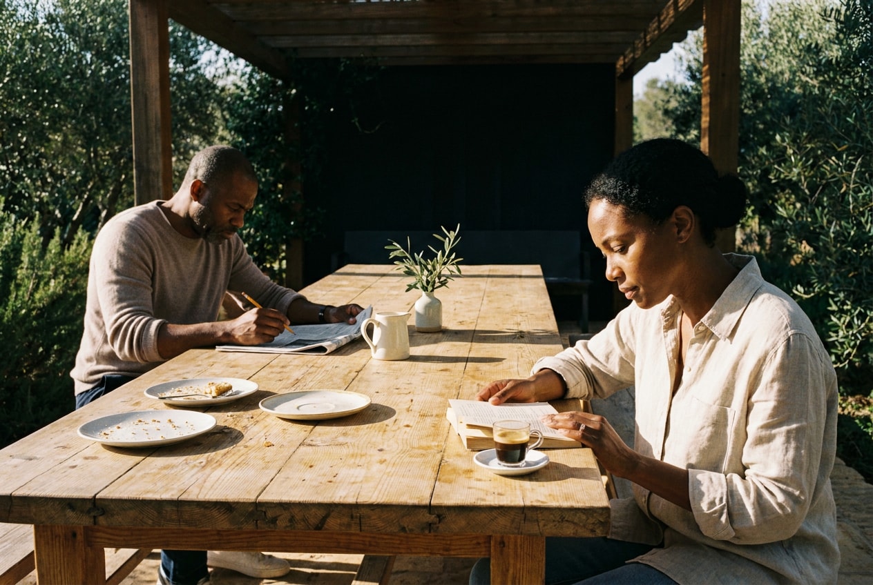 A long shared kitchen table by a tall sash window in late afternoon light, a woman in a soft mustard cardigan reading at one end with a half-finished latte, a man in a worn pyjama top and jeans at the other end working through a stack of paperwork, both quiet, both unhurried