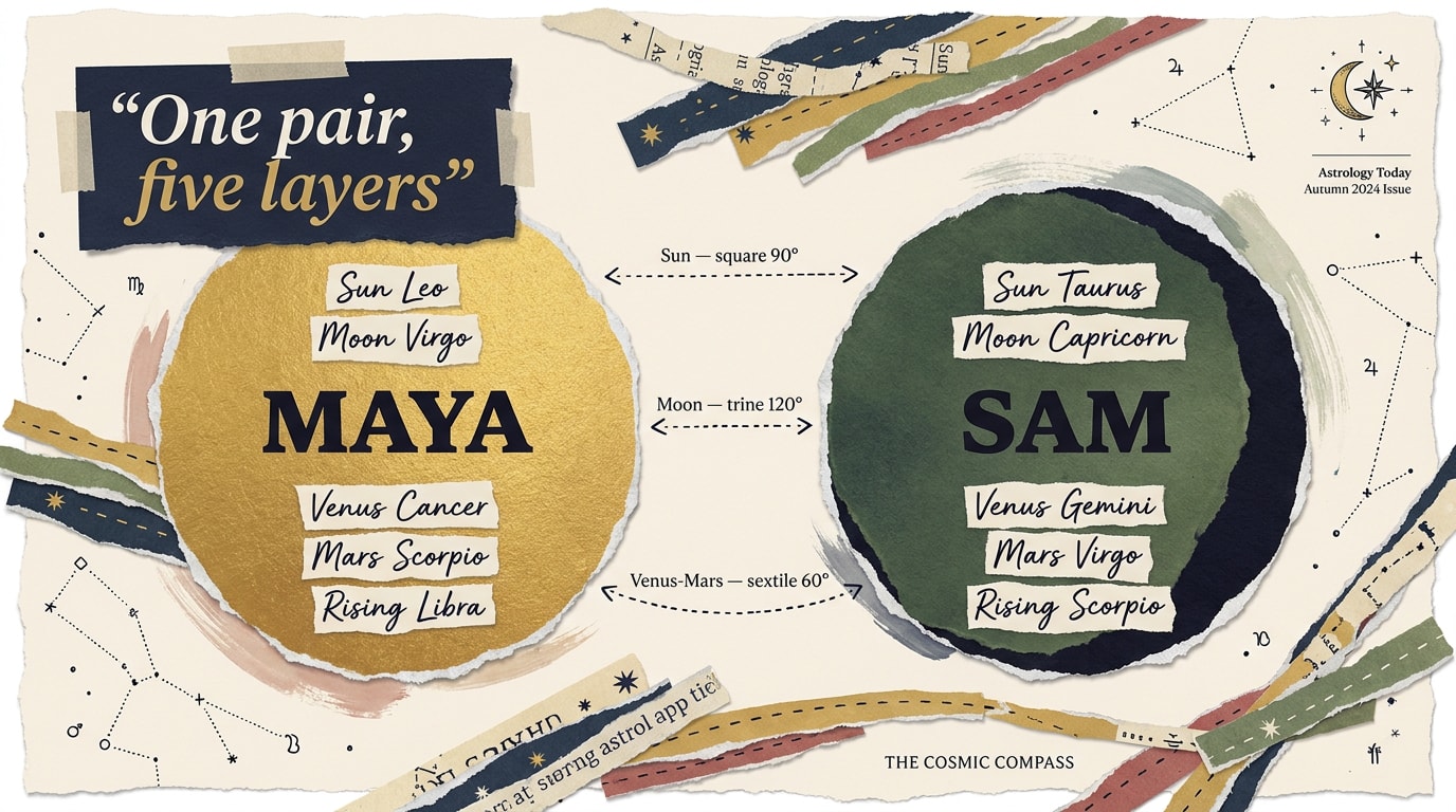 New Yorker editorial collage on torn-paper cream, italic serif quote "One pair, five layers", two overlapping scissor-cut discs "Maya" and "Sam" with five placements each, three hand-drawn ink rules "Sun — square 90°", "Moon — trine 120°", "Venus-Mars — sextile 60°"