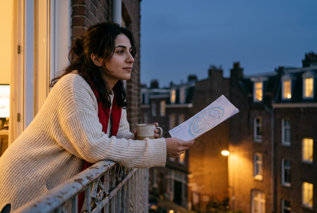 A 36-year-old woman of Latino heritage in an oversized cream cardigan leaning on the rail of a small London flat balcony at dusk, a leafy potted plant beside her, the city lights starting to come on in the soft blue evening behind her, an unread printed birth chart half-folded in one hand and a mug of tea in the other, gaze gone soft toward the middle distance