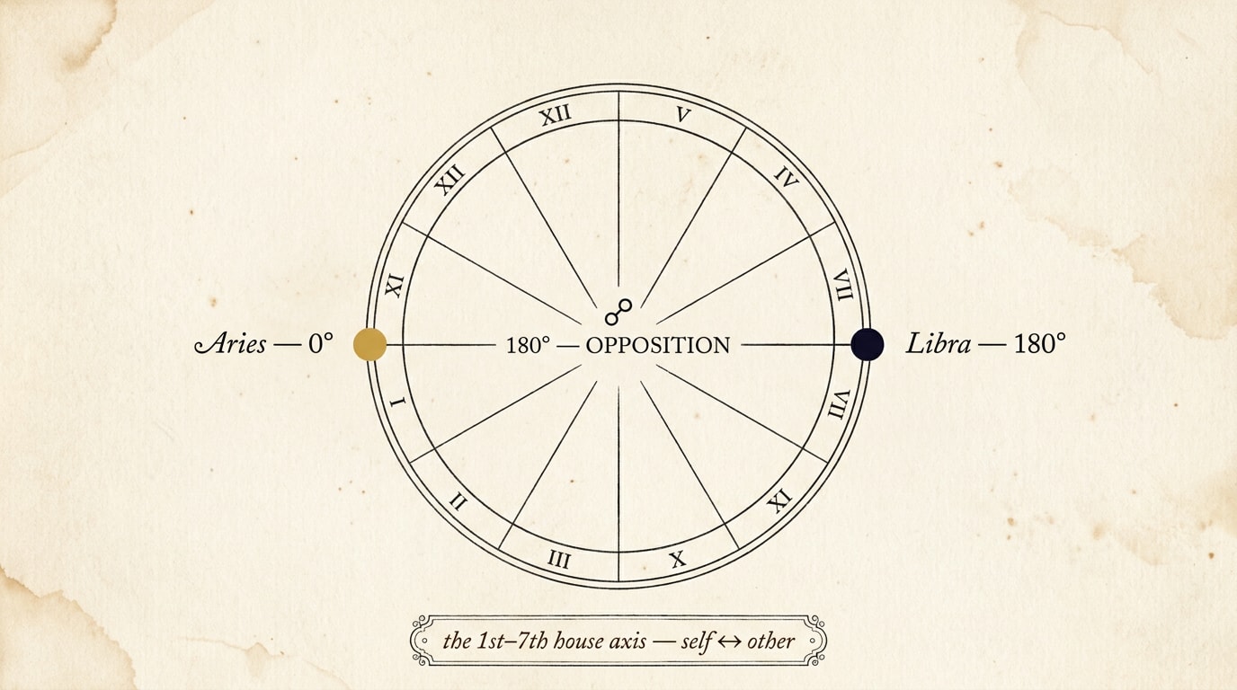 A vintage scientific diagram engraved on cream paper in the style of a mid-century astronomy textbook: a thin black ink zodiac wheel drawn as a perfectly proportioned circle, divided into twelve segments with Roman-numeral labels; one segment at the left labelled "Aries — 0°" with a slender amber leader-line and a small filled amber dot; the segment directly opposite at the right labelled "Libra — 180°" with a matching navy leader-line and dot; a single thin black ink line stretching horizontally between the two dots labelled "180° — OPPOSITION" in small caps; below the wheel a footer cartouche reading "the 1st–7th house axis — self ↔ other"