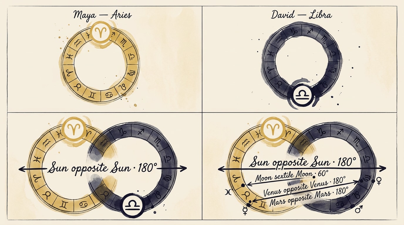 A four-panel hand-drawn op-ed comic strip in loose ink and watercolour wash on warm cream paper: panel one a small gold-washed zodiac wheel labelled "Maya — Aries" with the Sun glyph enlarged; panel two a silver-blue-washed wheel labelled "David — Libra" with the Sun glyph enlarged; panel three the two wheels overlapping with a single inked line marked "Sun opposite Sun · 180°"; panel four the same overlap with three further lines added marked "Moon sextile Moon · 60°", "Venus opposite Venus · 180°", "Mars opposite Mars · 180°", each panel captioned in handwritten cursive