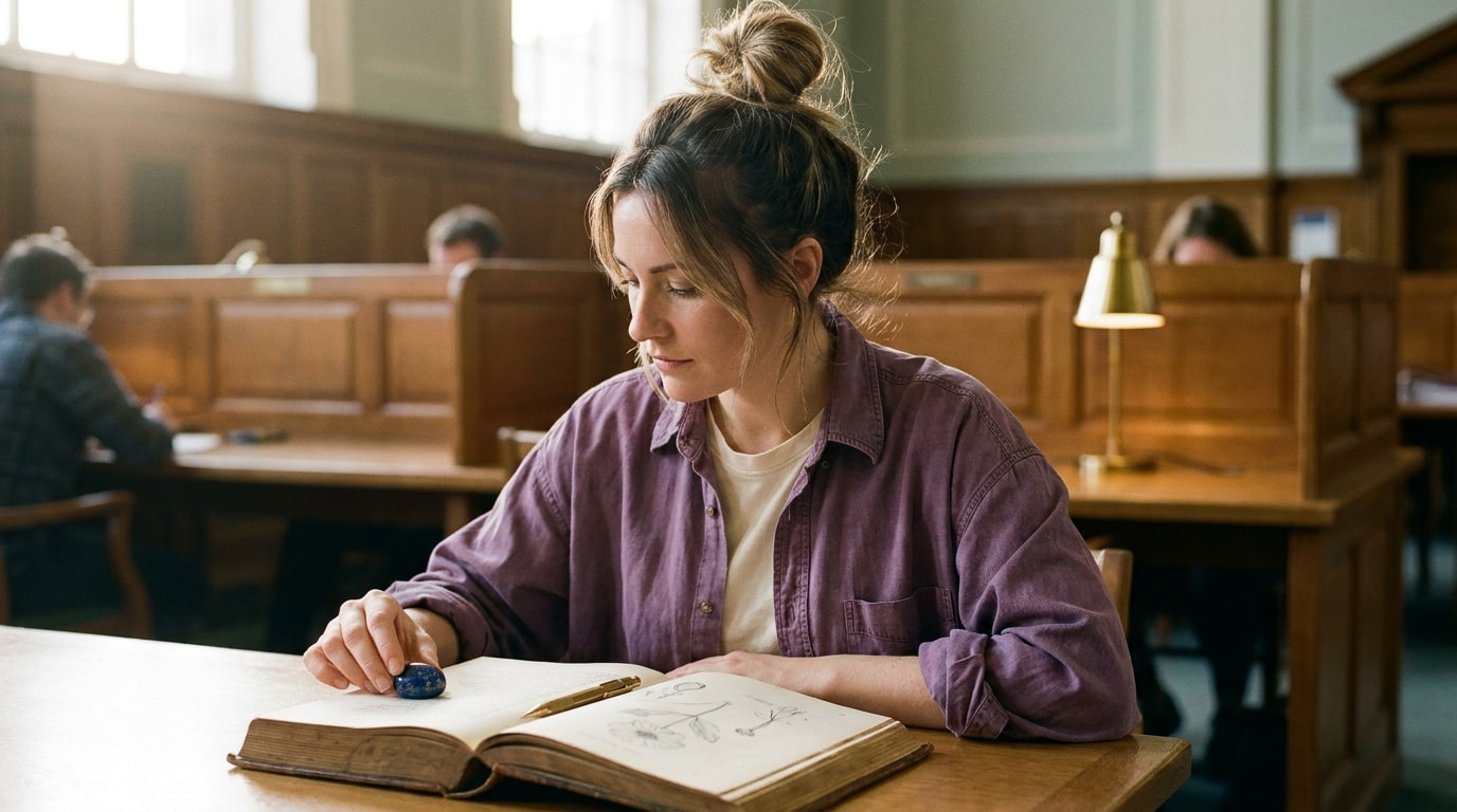A 36-year-old woman of mixed heritage in a denim jacket sitting at a public library reading-room desk in soft side light, a small loose lapis-lazuli cabochon — deep blue with golden pyrite flecks — resting on the open page of a worn old book that has the feel of a herbal (cream pages, brown leather spine, faint diagrammatic illustration on the page beside the stone), her fingers near the cabochon but not touching it, looking down with quiet attention, the rest of the reading room softly out of focus behind her, in the spirit of an Aeon essay photograph