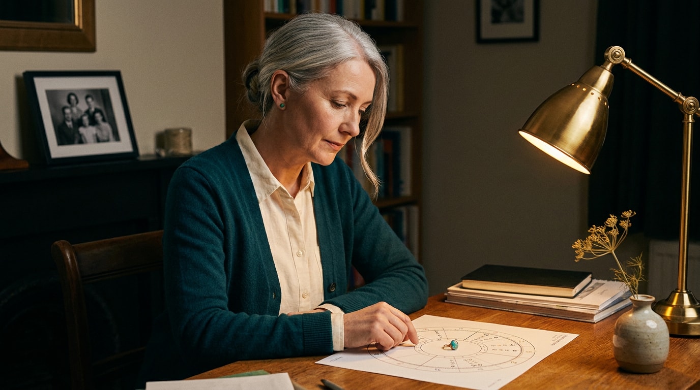A 48-year-old white British woman in a soft grey cardigan sitting at a home study desk in evening lamplight, a small opal ring with visible play-of-colour resting on top of a printed birth-chart wheel on her desk, her hand near the ring but not picking it up, looking at it with quiet attention rather than admiration, the rest of the room in gentle shadow with a hint of bookshelf and a framed family photo on the shelf, the kind of evening when you sit with one small object for longer than you planned, in the spirit of a Guardian Long Read portrait