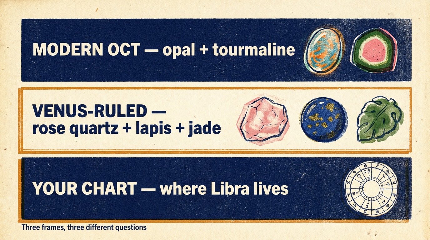 A risograph-zine editorial infographic on warm cream paper with visible grain texture and slight colour-layer misalignment, three blocky labelled panels stacked vertically — top panel in deep warm-navy reads «Modern Oct — opal + tourmaline» in cream sans-serif caps with two small stone glyphs (an iridescent oval opal and a watermelon-tourmaline slice) hand-printed beside the text; middle panel in cream reads «Venus-ruled — rose quartz + lapis + jade» in warm-navy sans-serif caps with three small stone glyphs hand-printed beside (a rose-pink crystal, a deep blue cabochon with gold flecks, a green nephrite); bottom panel in warm-navy reads «Your chart — where Libra lives» in cream sans-serif caps with a tiny birth-chart wheel printed beside it; thin warm-amber rules separate the panels, and a small caption strip at the foot reads «Three frames, three different questions.»; aspect 16:9, no human figures, indie-magazine confidence