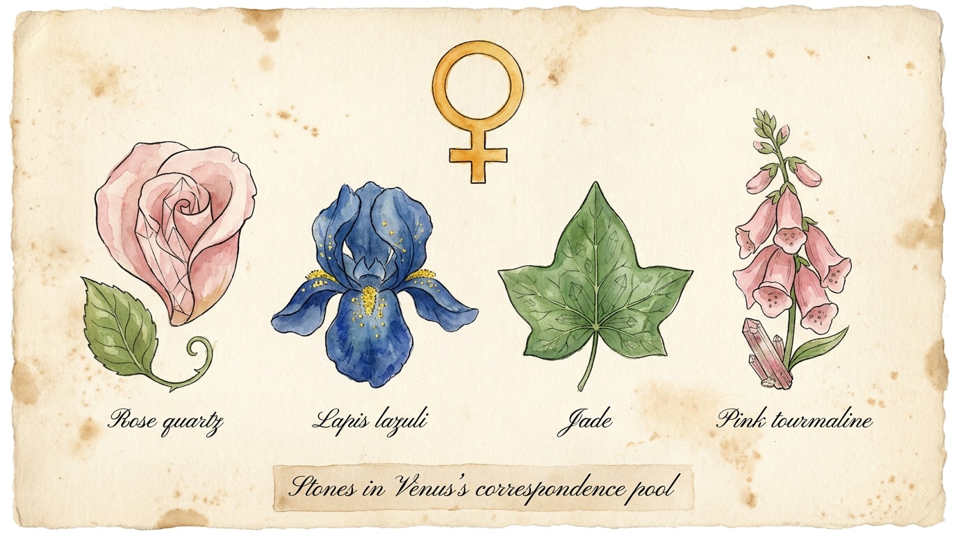 A botanical-illustration infographic in the spirit of an Audubon plate or vintage gardener's almanac, painted on aged ivory cream paper with soft watercolour wash and thin black ink outlines, central Venus glyph (the circle-and-cross ♀) at the top in soft warm-amber wash; four stones drawn as botanical-style illustrations radiating below — rose quartz painted as a pink rose petal with crystal facets sketched into it, lapis lazuli painted as a deep blue iris flower with golden pyrite flecks suggesting pollen, jade painted as a nephrite-green ivy leaf, pink tourmaline painted as a soft pink wild-flower in profile; copperplate-script labels in fine black ink under each — «Rose quartz», «Lapis lazuli», «Jade», «Pink tourmaline»; a copperplate-script title strip at the foot reads «Stones in Venus's correspondence pool»; aspect 16:9, no human figures, no floating zodiac glyphs
