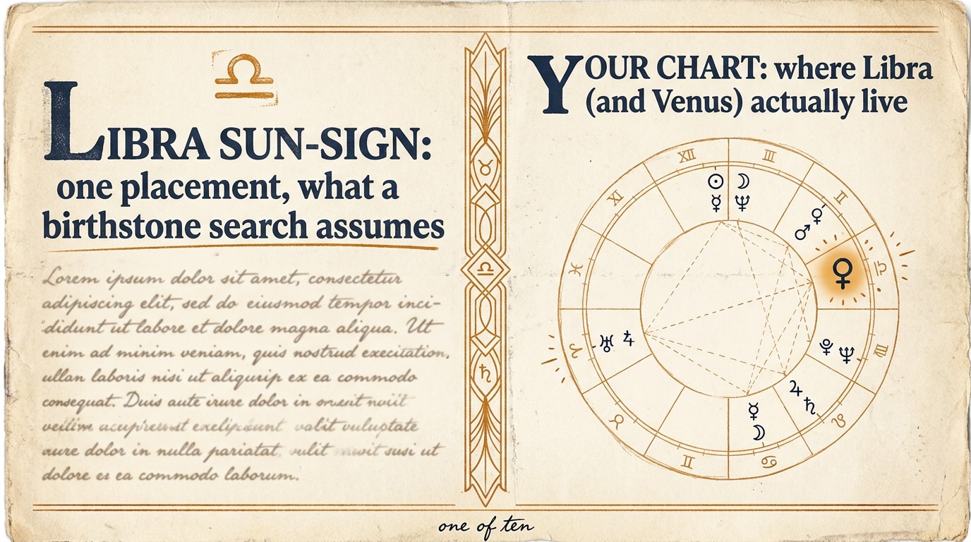A newspaper-long-read editorial infographic on cream paper in the spirit of a 1930s broadsheet feature, two columns separated by an ornate vertical divider rule; the left column carries a small warm-amber Libra scales glyph at the top, a drop-cap initial «L» in deep warm-navy serif beginning a single column-headline that reads «Libra sun-sign: one placement, what a birthstone search assumes», with a thin amber underline; the right column carries a drop-cap initial «Y» starting a column-headline that reads «Your chart: where Libra (and Venus) actually live», below which sits a cream-paper birth-chart wheel in fine warm-amber pen-line with twelve house divisions marked and ten tiny planetary glyphs scattered at varied positions around the wheel, the Venus glyph (♀) drawn slightly larger and surrounded by a soft amber halo to mark its importance for Libra; thin amber rules at the top and bottom of the page, ornate divider; aspect 16:9, no human figures, no floating zodiac glyphs