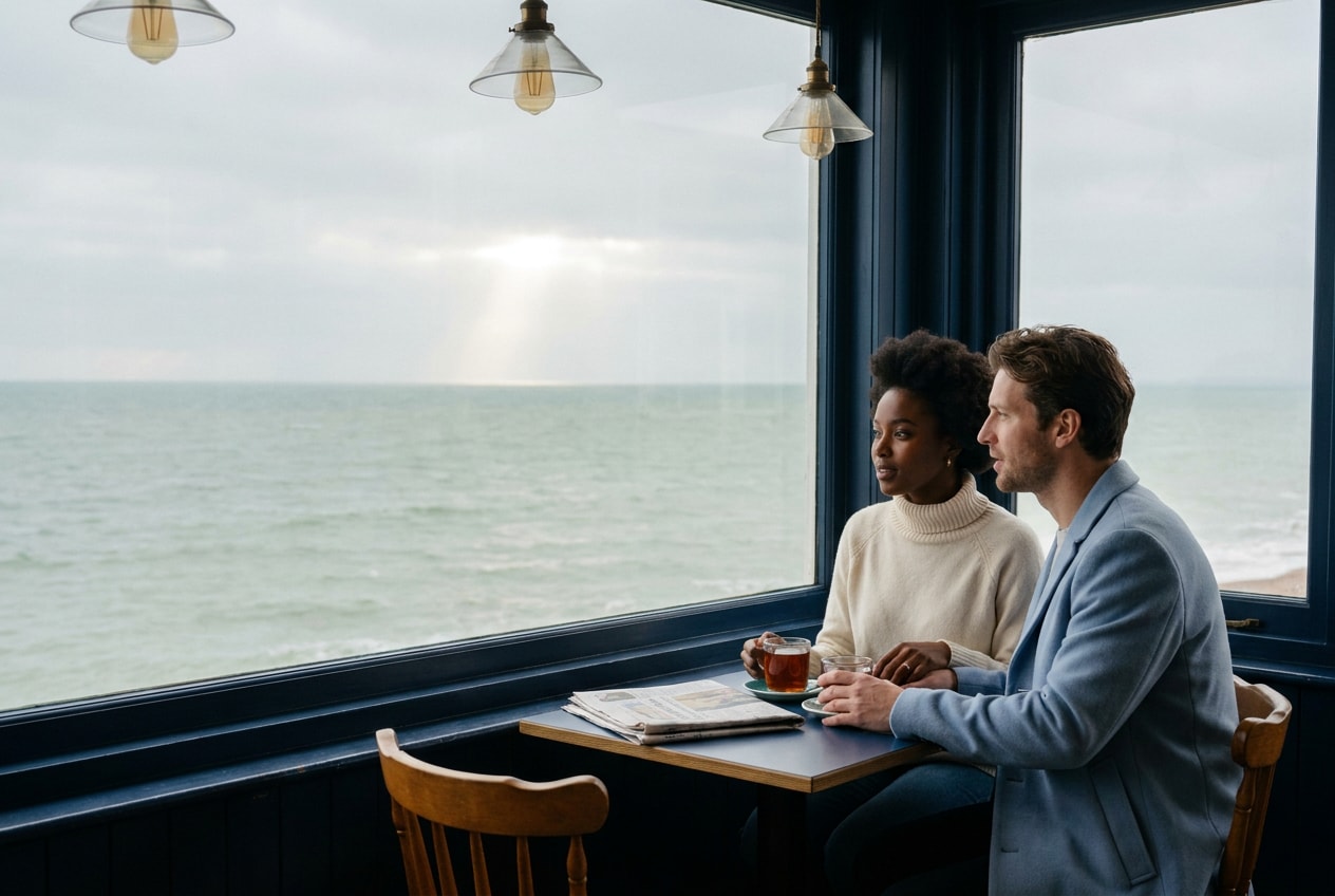 A 71-year-old White British man in a flat cap and dark wool coat sitting at a window table in a small seafront cafe on a slow weekday morning, the wide grey sea visible behind him through the glass. A mug of tea and a folded newspaper rest on the table. He is looking out at the water, not reading, not on a phone, simply considering. Late winter light, slightly desaturated, warm interior lamp competing softly with the cool exterior