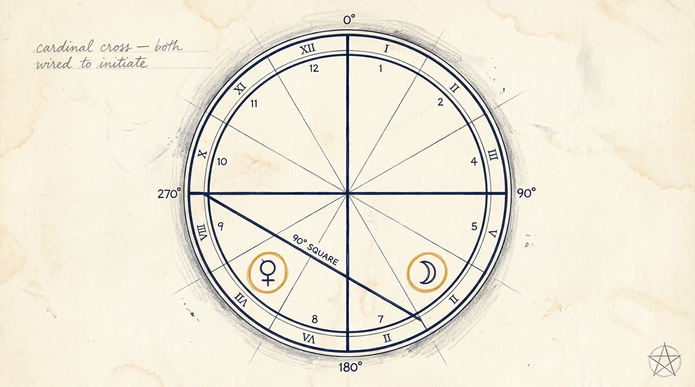 A hand-sketched architectural blueprint on aged ivory paper showing a zodiac wheel as a pencil-drawn circle divided into twelve segments, with the cardinal cross picked out in slightly heavier line-weight: Aries at 0° (east), Cancer at 90° (south), Libra at 180° (west), Capricorn at 270° (north). Cancer and Libra are connected by a clean ruled line cutting across the south-west quadrant at exactly 90°, labelled in tidy draughtsman's handwriting "90° SQUARE". Two small ruler-glyphs annotate the wheel: a Venus symbol on the Libra segment and a Moon symbol on the Cancer segment, both circled in amber pencil. Faint tea-stain corners, blueprint pencil shading, occasional eraser smudge