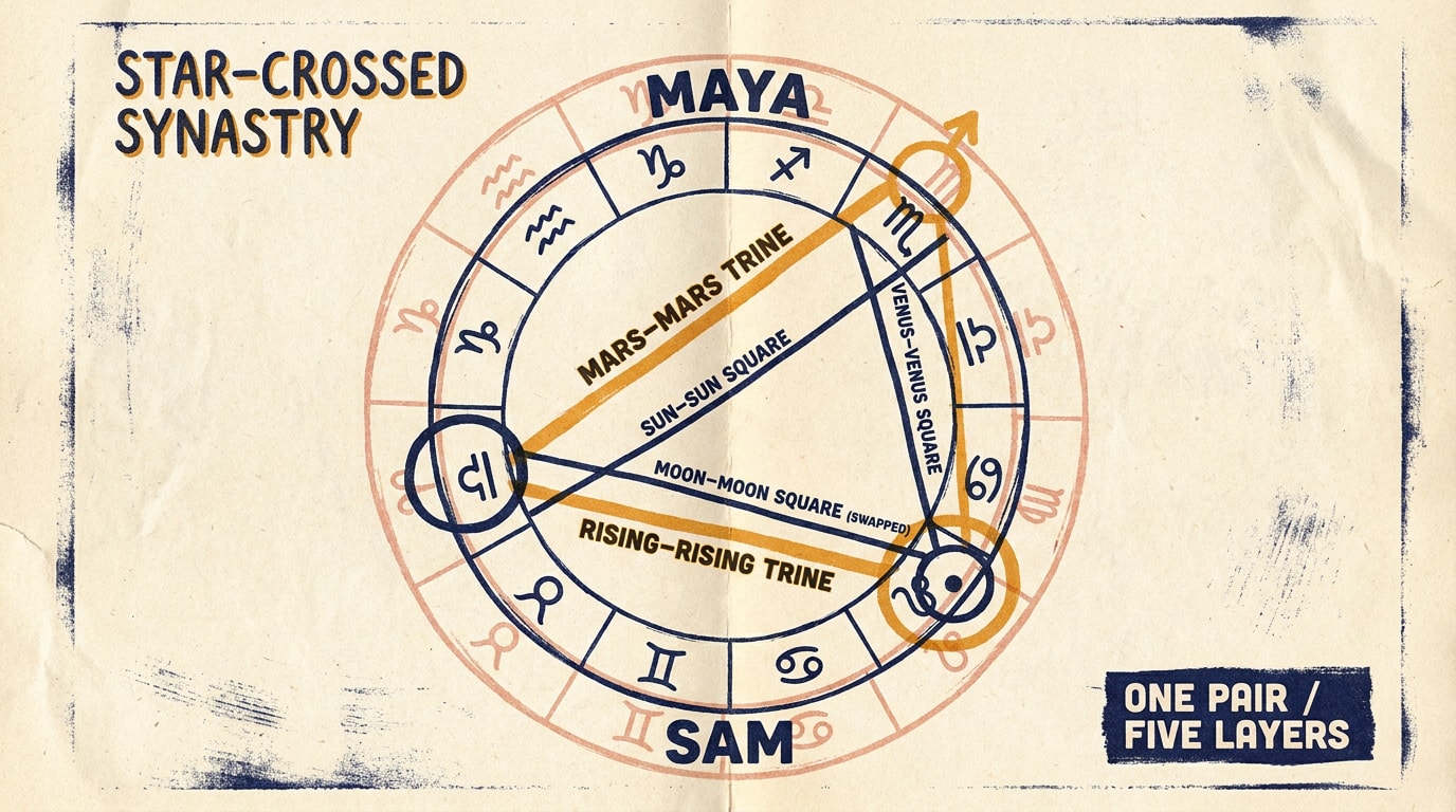 A risograph-zine illustrative synastry diagram printed in three colours on warm cream paper — deep navy, warm amber, and a soft second pass of pink-amber slightly misaligned over the navy layer for a grainy double-print effect. Two overlapping zodiac wheels at the centre, one labelled in bold sans-serif caps "MAYA" with the Sun glyph picked out at the Libra position, one labelled "SAM" with the Sun glyph picked out at the Cancer position. Five thick coloured aspect lines cut across labelled in confident handwritten caps "SUN–SUN SQUARE", "MOON–MOON SQUARE (SWAPPED)", "VENUS–VENUS SQUARE", "MARS–MARS TRINE", "RISING–RISING TRINE". Heavy paper grain, slight ink misalignment between the layers, indie-magazine confidence throughout. Avoid: stock-illustration look, generic flat-design, sparkles, sci-fi aesthetic.