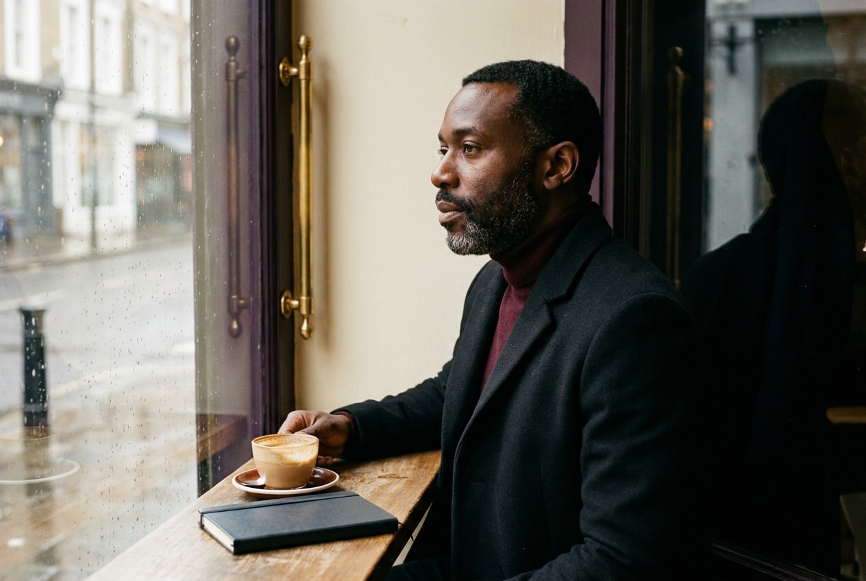 A 28-year-old East Asian heritage woman in cafe window seat in afternoon, wearing mustard cardigan, looking out at the street, half-finished latte, soft natural editorial lighting