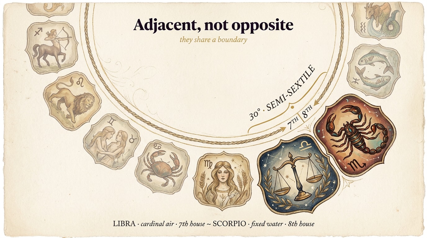 Hand-rendered three-colour risograph zodiac wheel in deep navy, amber and warm cream, with Libra and Scorpio adjacent at the seven-eight house boundary highlighted by a slim orange semi-sextile arc labelled thirty degrees
