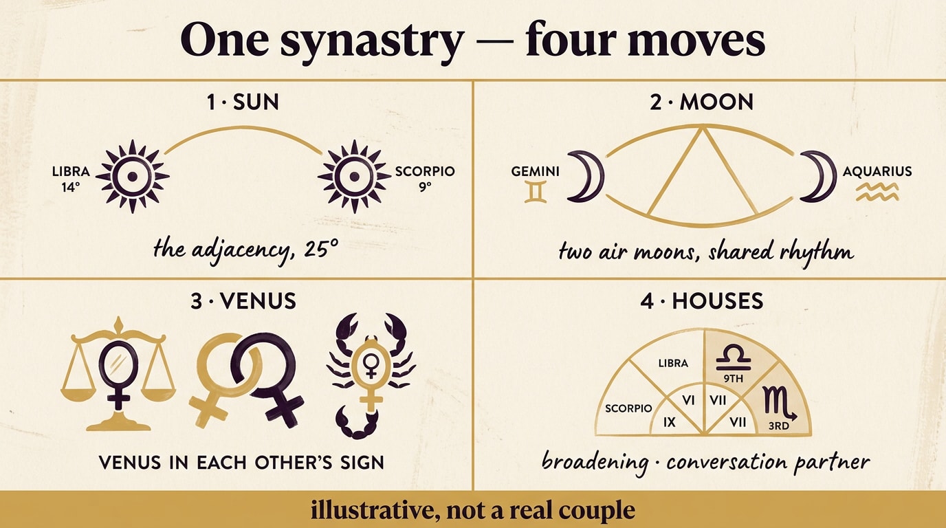 A four-panel bento-grid mosaic in warm navy, amber and cream — panel one a slim arc labelled Sun semi-sextile, panel two two air-sign moons connected by a wide arc labelled Moon trine, panel three two clasped Venus glyphs labelled Venus in each other's sign, panel four a small whole-sign house overlay diagram