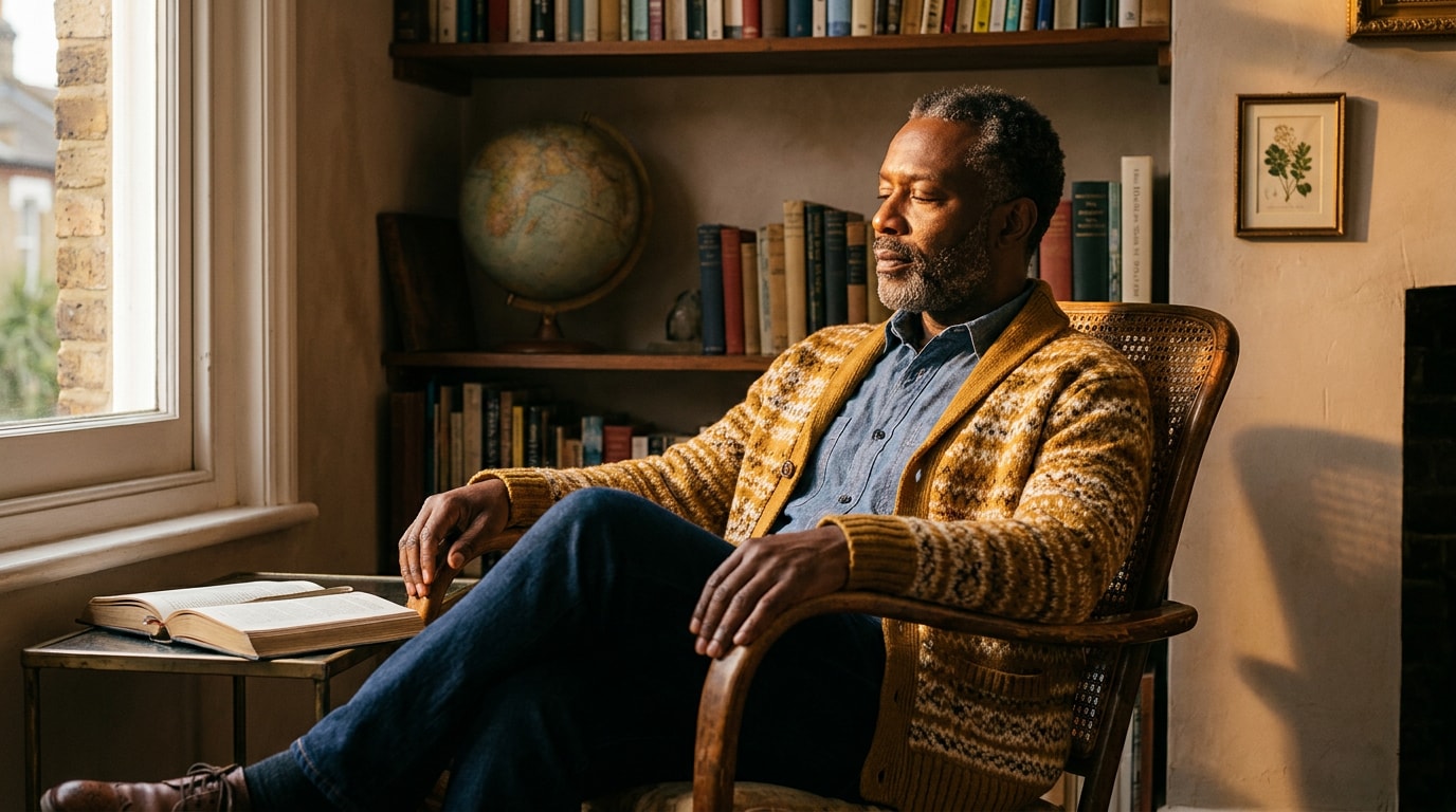 A 50-year-old Black British (African) man in home study afternoon, wearing cardigan over collared shirt, leaning back in chair, eyes closed briefly, soft natural editorial lighting
