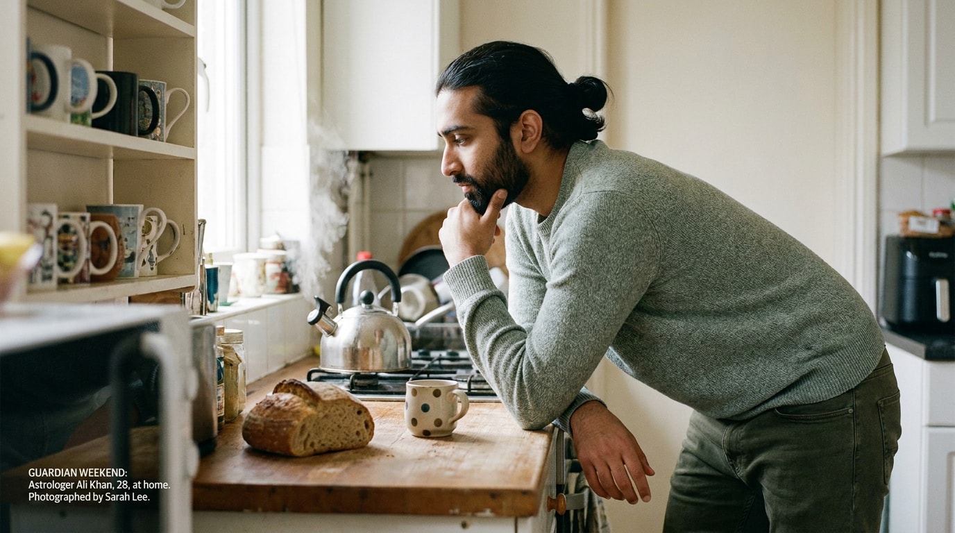 A 26-year-old British Pakistani man in shared house kitchen, wearing plain navy jumper, leaning on counter watching kettle boil, soft natural editorial lighting