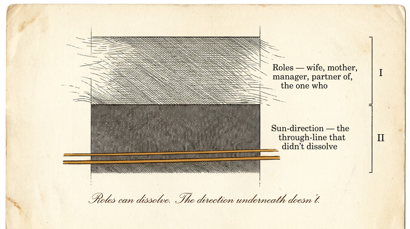 A vintage scientific textbook engraving on aged cream paper, in the spirit of a 1950s Scientific American plate, showing identity as a labelled cross-section in two stacked strata — the upper stratum, hatched in fine broken ink lines that visibly unravel toward the edges, marked with Roman numeral I and labelled 'Roles — wife, mother, manager, partner of, the one who'; the lower stratum, rendered in dense engraved hatch and anchored by a single warm amber leader-line, marked with Roman numeral II and labelled 'Sun-direction — the through-line that didn't dissolve'; a copperplate-script caption at the foot reads 'Roles can dissolve. The direction underneath doesn't.'