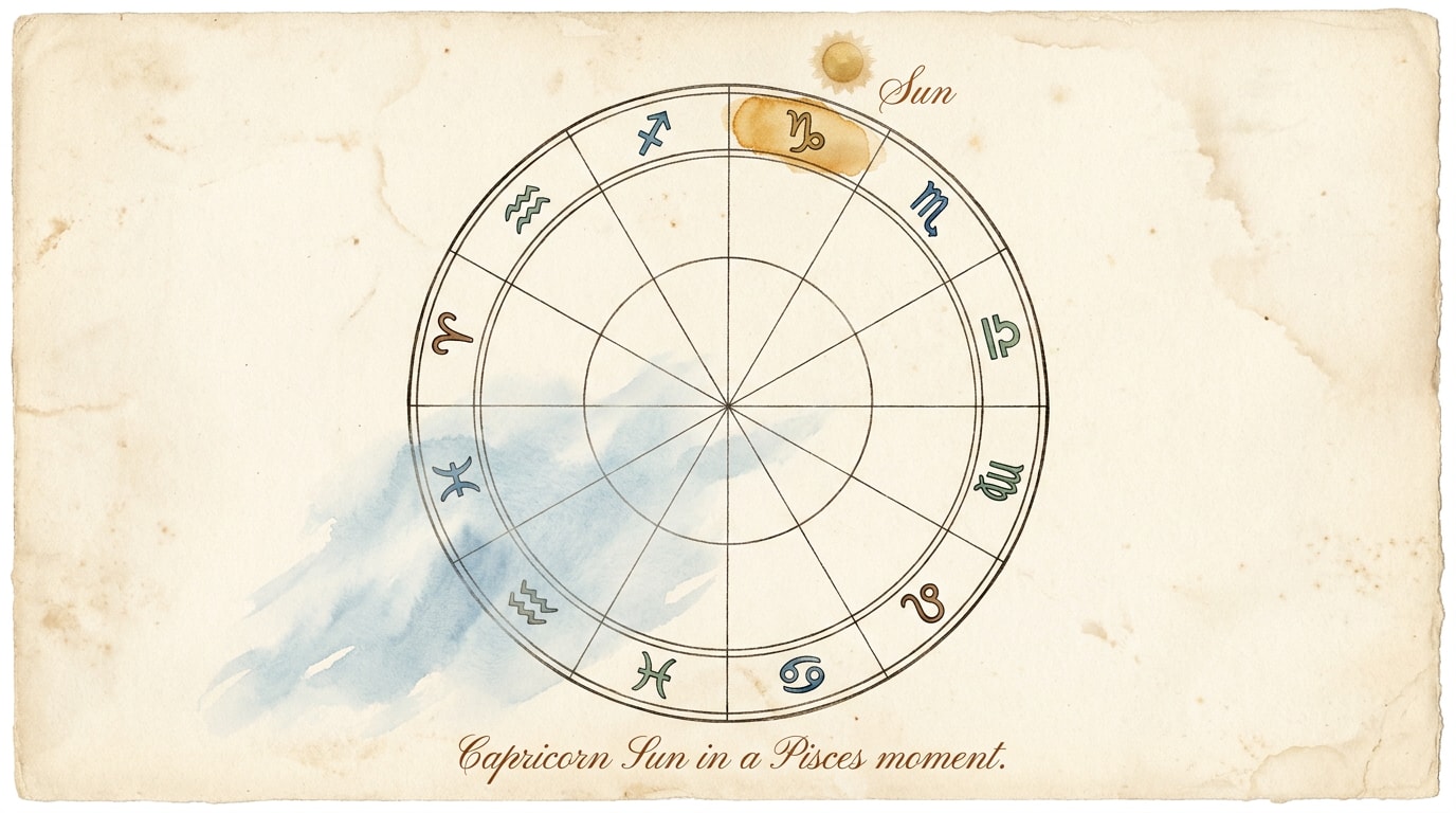 An Audubon-style botanical watercolour plate on aged cream paper showing an astrological chart wheel rendered as if it were a botanical specimen — the circle drawn in fine black ink with hand-ruled radials and twelve segments, zodiac glyphs painted as small inked emblems around the rim; the Capricorn glyph at the top-right of the wheel illuminated in warm amber watercolour with a small sun brushed over it, labelled in copperplate script as 'Sun'; a soft pale-blue watercolour mist drifts across the lower-left third of the wheel, suggesting a Piscean atmosphere of the period without erasing the glyphs beneath; an italic copperplate caption at the foot reads 'Capricorn Sun in a Pisces moment.'