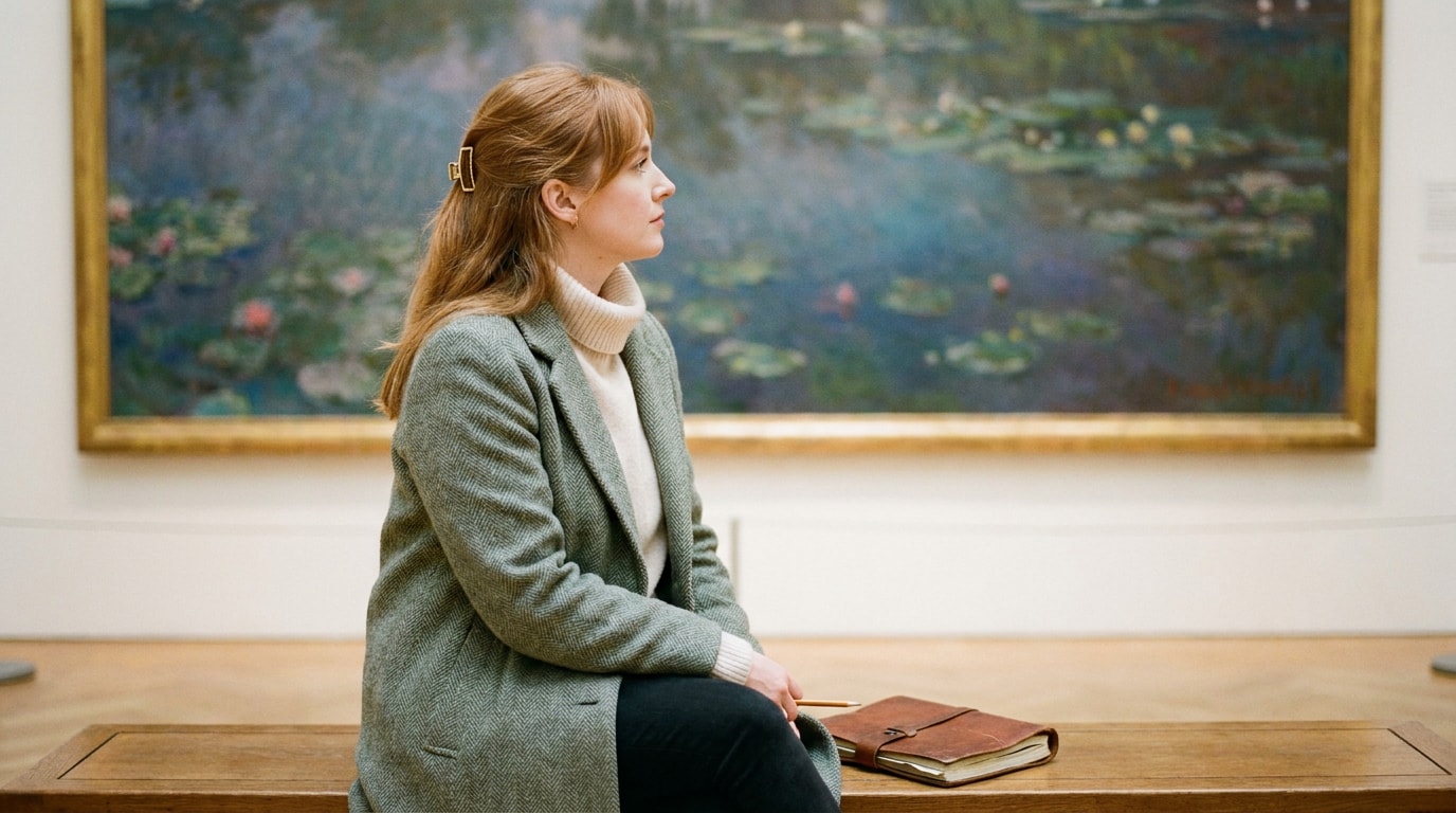 A 30-year-old female White British woman in a long camel coat on a wooden bench in a museum mid-morning, looking thoughtfully at a painting just out of frame, sketchbook closed on the bench beside her, soft window light from the high gallery ceiling, in the spirit of an Aeon essay opener