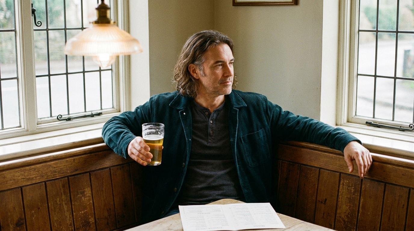 A 46-year-old male of mixed heritage in a casual jacket sitting alone on a pub corner bench in the late afternoon, half-pint of ale beside him and a folded paper menu in his hand, looking outward through the window in quiet end-of-day reflection, warm pub light, in the spirit of a Guardian feature photograph