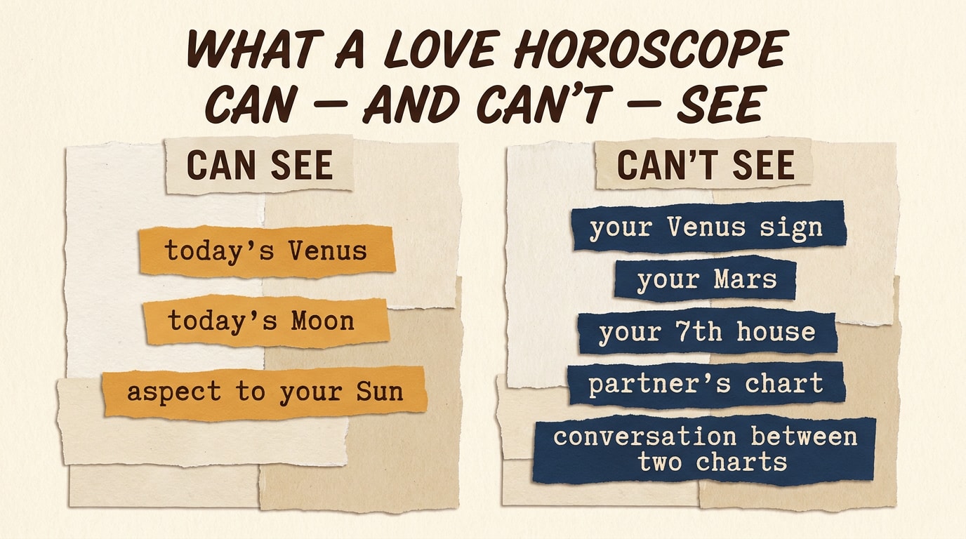 An editorial collage infographic in the spirit of a New Yorker / FT Weekend Magazine feature spread on warm cream paper, with torn paper edges and layered typography ribbons, scissor-cut warm navy and amber colour blocks, one oversized italic serif headline reading "What a love horoscope can — and can't — see": a left collage panel labelled "CAN SEE" in handset navy serif caps with three pasted-on amber strips reading "today's Venus", "today's Moon", "aspect to your Sun"; a right collage panel labelled "CAN'T SEE" with five pasted-on navy strips reading "your Venus sign", "your Mars", "your 7th house", "your partner's chart", "the conversation between two charts"