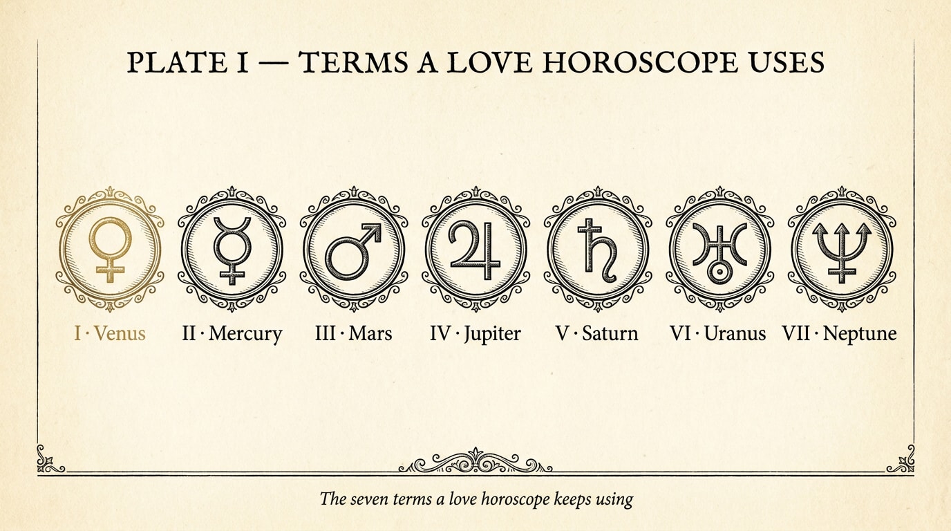 A vintage scientific diagram engraved on aged cream paper in the spirit of a 1950s Scientific American textbook plate, thin black ink line-work showing seven simple planetary and chart symbols in a horizontal row each labelled with a Roman numeral and leader-line: "I · Venus", "II · Mars", "III · Moon", "IV · Venus sign", "V · 7th house", "VI · Synastry", "VII · Composite chart", with one single amber accent ring around "Venus" as the most important label, finer caption beneath reading "The seven terms a love horoscope keeps using"