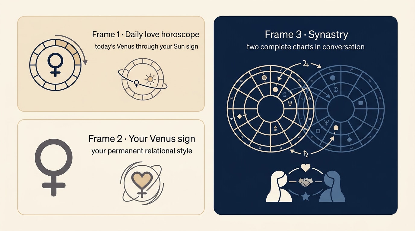 An editorial bento-grid infographic on warm cream paper with cream background, three packed panels of different sizes packed together with warm amber connecting rules and warm navy block typography — top-left small panel "Frame 1 · Daily love horoscope" with subtitle "today's Venus through your Sun sign", bottom-left medium panel "Frame 2 · Your Venus sign" with subtitle "your permanent relational style", right large panel "Frame 3 · Synastry" with subtitle "two complete charts in conversation", editorial serif headlines on cream, navy block accent on Frame 3 panel