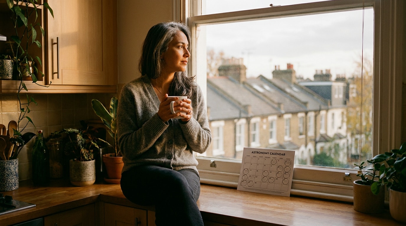 A British woman in her late forties on a kitchen windowsill, mug of tea in both hands, calm and at-ease, late-afternoon London rooftops outside