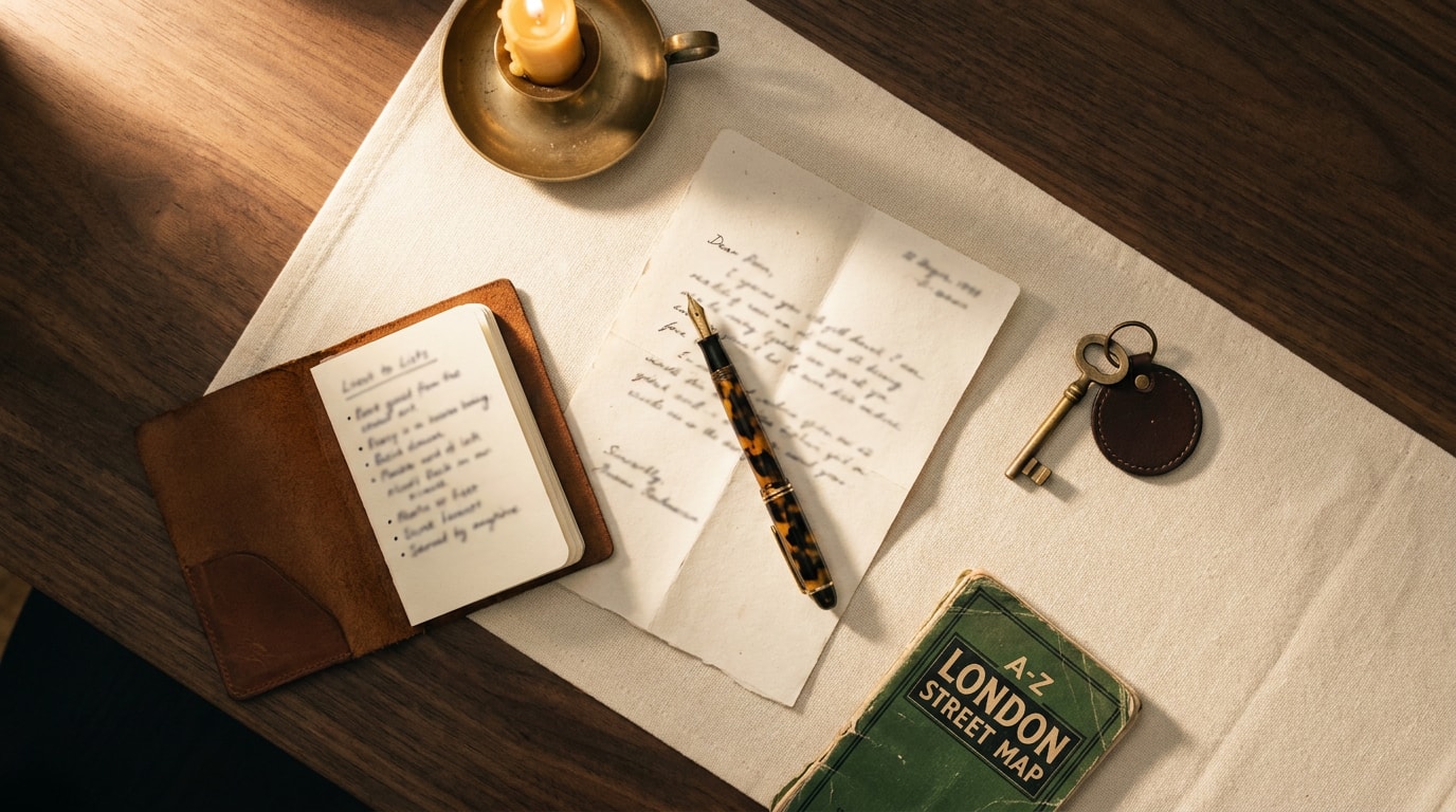 Overhead flat-lay on walnut desk: fountain pen on a folded handwritten letter, leather notebook with to-do list, brass key on leather fob, beeswax candle, folded London map — analog grounding tools