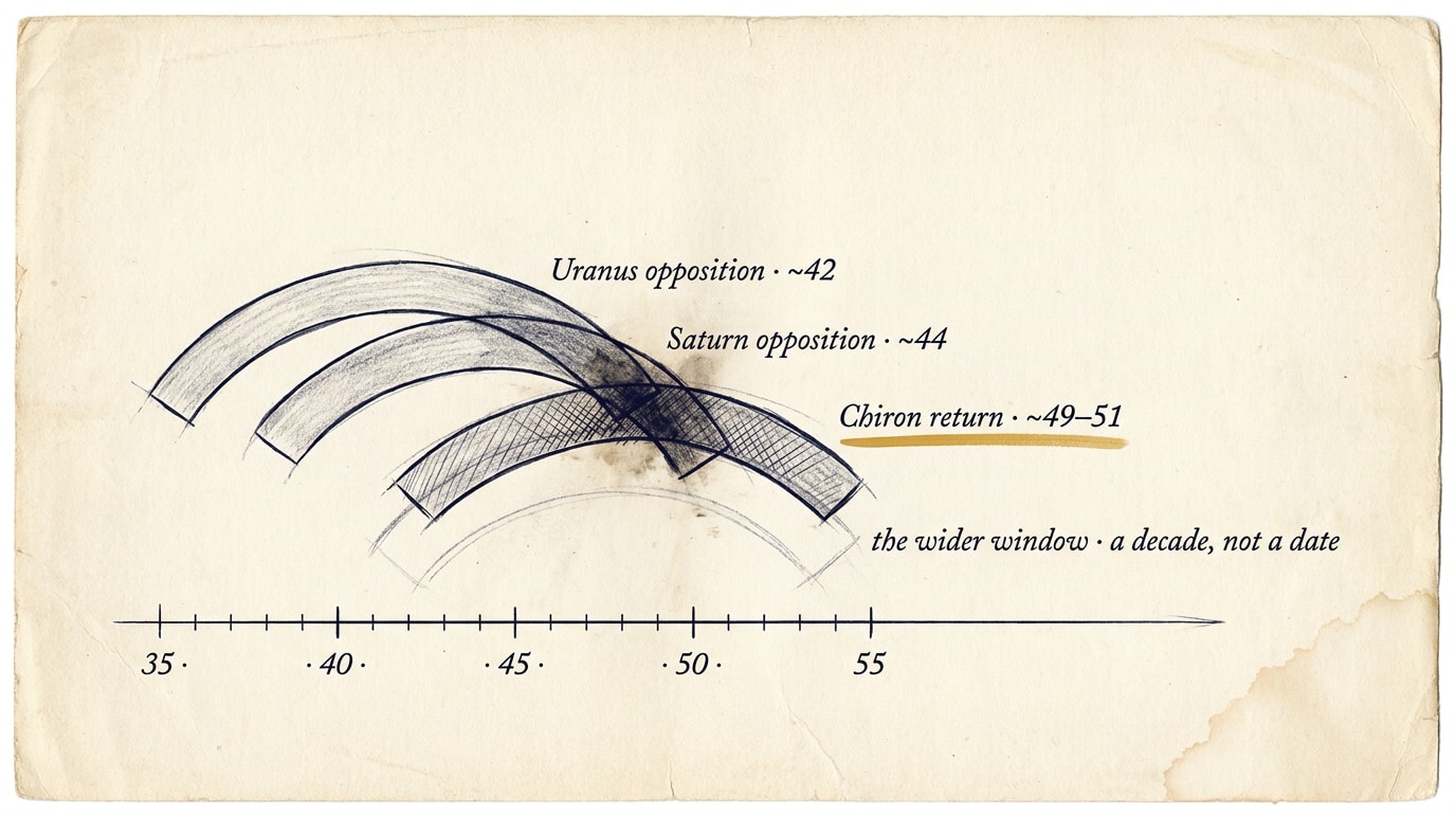 Hand-drawn architectural blueprint of the Uranus orbit on aged ivory paper: a small inked Sun at centre-left and a wide hand-traced ellipse marking the orbit, with faint navy measurement guides outside it; two points are annotated in handwritten serif — 'Natal Uranus · at birth' on the upper-right and 'Uranus opposition · ~42 yrs later' on the diametrically opposite lower-left, the word 'opposition' underlined in a single amber pencil stroke; a dashed arc traces the half-orbit between them and a pencil note reads 'Orbital period: 84.02 yrs'