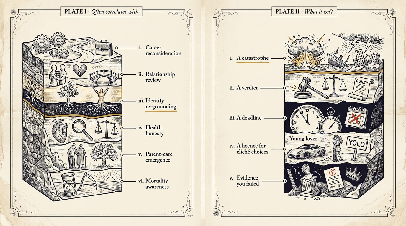 Vintage scientific textbook engraving in the style of a 1950s Scientific American plate, rendered in fine black ink on warm cream: two facing plates separated by a centre gutter. Left plate, 'PLATE I · Often correlates with', shows a six-layer stratified cross-section with Roman-numeral leader-lines labelled 'i. Career reconsideration / ii. Relationship review / iii. Identity re-grounding / iv. Health honesty / v. Parent-care emergence / vi. Mortality awareness'; right plate, 'PLATE II · What it isn't', shows a five-layer cross-section labelled 'i. A catastrophe / ii. A verdict / iii. A deadline / iv. A licence for cliché choices / v. Evidence you failed'; one label per plate is underlined in a single amber stroke