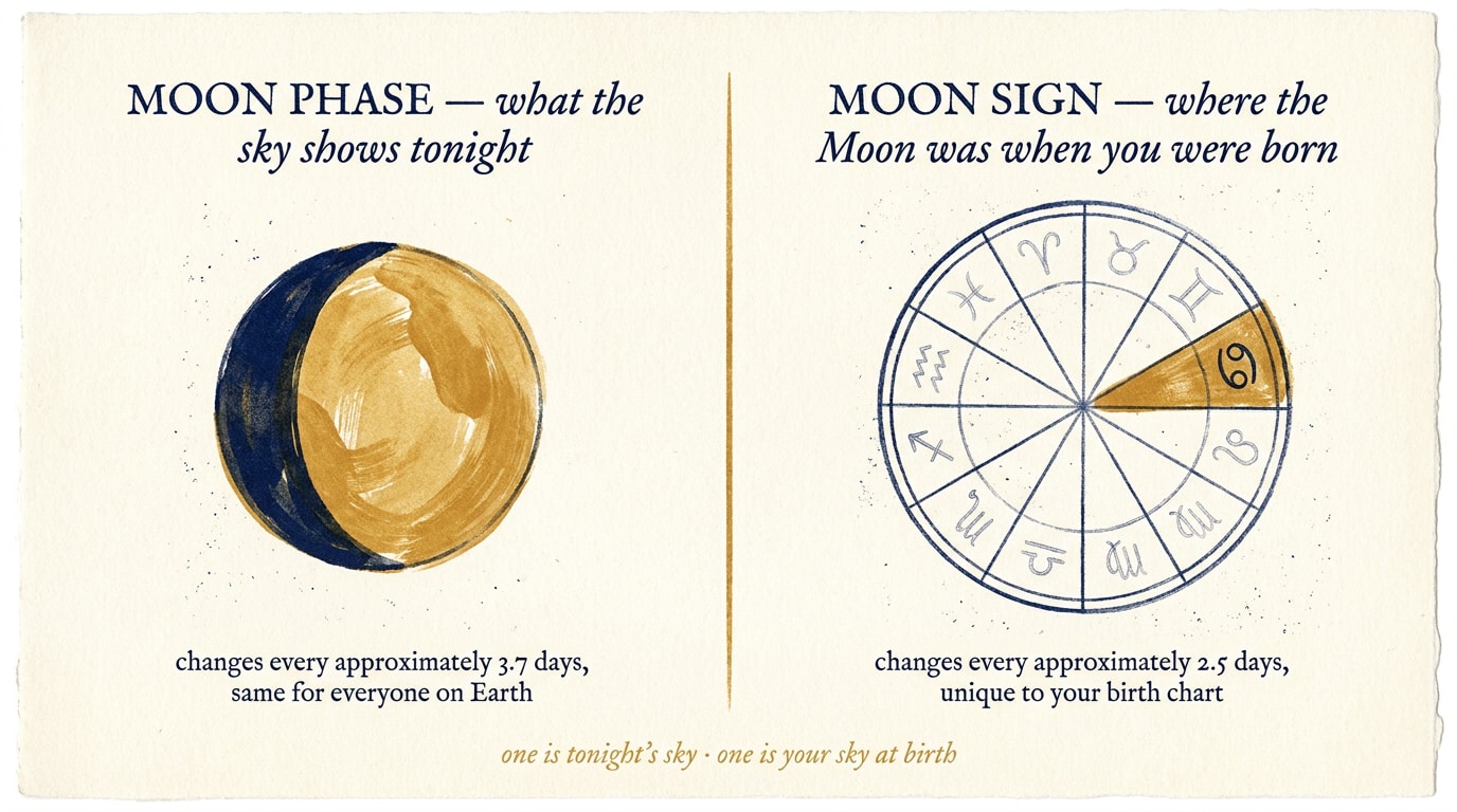 An Audubon-style botanical watercolour plate on aged cream paper showing two hand-painted wheels side by side — on the left a phase wheel labelled "Moon Phase" in copperplate script with eight watercolour moons, on the right a zodiac wheel labelled "Moon Sign" with twelve delicately illustrated glyphs and Pisces highlighted in amber, separated by a calligraphic flourish with the caption "Two different layers" above