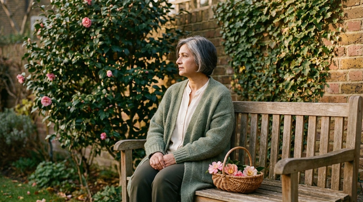 A 55-year-old British Pakistani woman in garden bench late afternoon, wearing shawl over blouse, looking at flowering shrub, soft natural editorial lighting