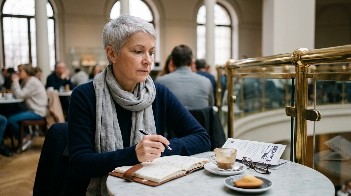 A 56-year-old East Asian heritage woman in museum cafe after exhibition, wearing linen scarf, writing notes in tiny notebook, soft natural editorial lighting