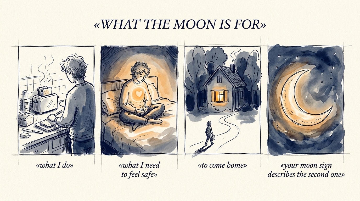 A hand-drawn four-frame comic strip on cream paper in the spirit of NYT op-ed graphics, with loose ink lines and a warm navy and amber wash: frame one a back-of-head silhouette making toast captioned what I do, frame two the same figure sat on a bed with a soft amber glow on the chest captioned what I need to feel safe, frame three a small ink house with one warmly lit window and the figure walking toward it captioned to come home, frame four a single hand-drawn crescent moon glowing softly amber captioned your moon sign describes the second one