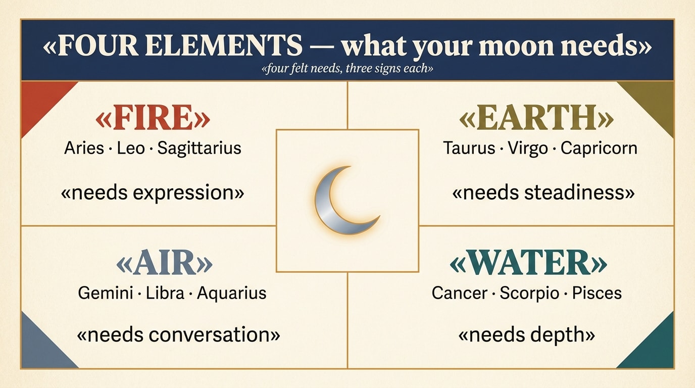A bento-grid editorial infographic on cream paper in the NotebookLM register, with six tightly packed panels divided by warm-amber hairline rules: a wide warm-navy accent panel headlined FOUR ELEMENTS what your moon needs, a small centre panel holding a single silver crescent Moon glyph, and four element panels with tinted corner wedges — warm-red FIRE Aries Leo Sagittarius needs expression, olive-bronze EARTH Taurus Virgo Capricorn needs steadiness, slate-blue AIR Gemini Libra Aquarius needs conversation, teal WATER Cancer Scorpio Pisces needs depth, all set in bold serif headlines with clean sans-serif labels