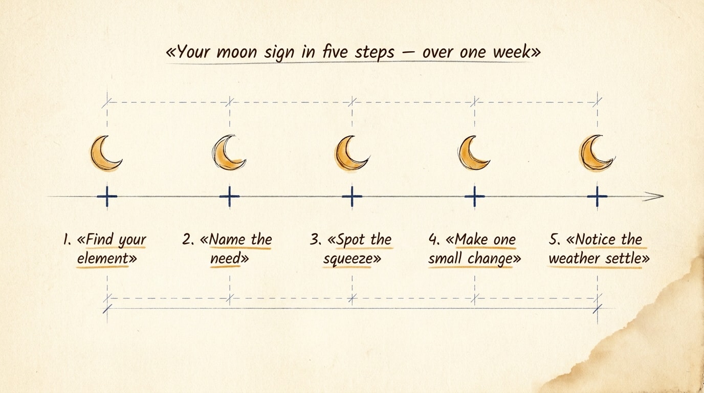 A hand-sketched architectural blueprint on aged ivory paper with faint paper grain and a tea-stain corner, showing a hand-ruled horizontal pencil baseline with five evenly spaced station-points marked by navy crosshairs and small loose pen-drawn crescent moons above each, with handwritten serif margin-note captions below — Find your element, Name the need, Spot the squeeze, Make one small change, Notice the weather settle — each key noun underlined in warm amber, and a handwritten header reading your moon sign in five steps over one week
